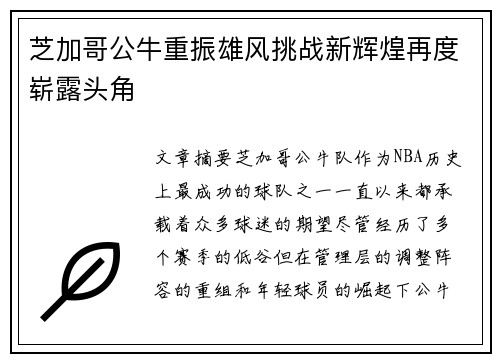 芝加哥公牛重振雄风挑战新辉煌再度崭露头角